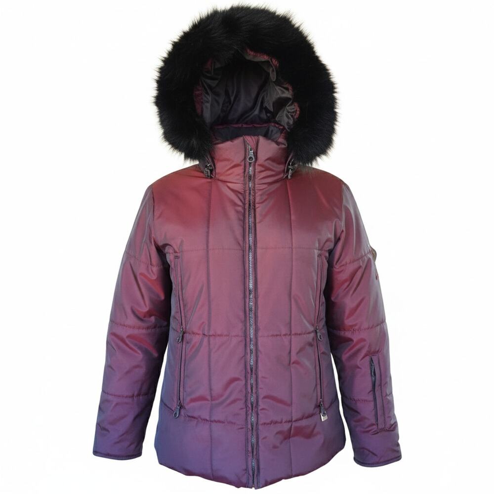 NILS Iridescent Quilted Puffer Ski Jacket Faux Fur Trim Hooded Size 8 Burgundy